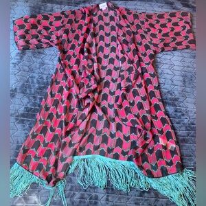 LuLaRoe Patterned Cardigan with Colorful Fringe